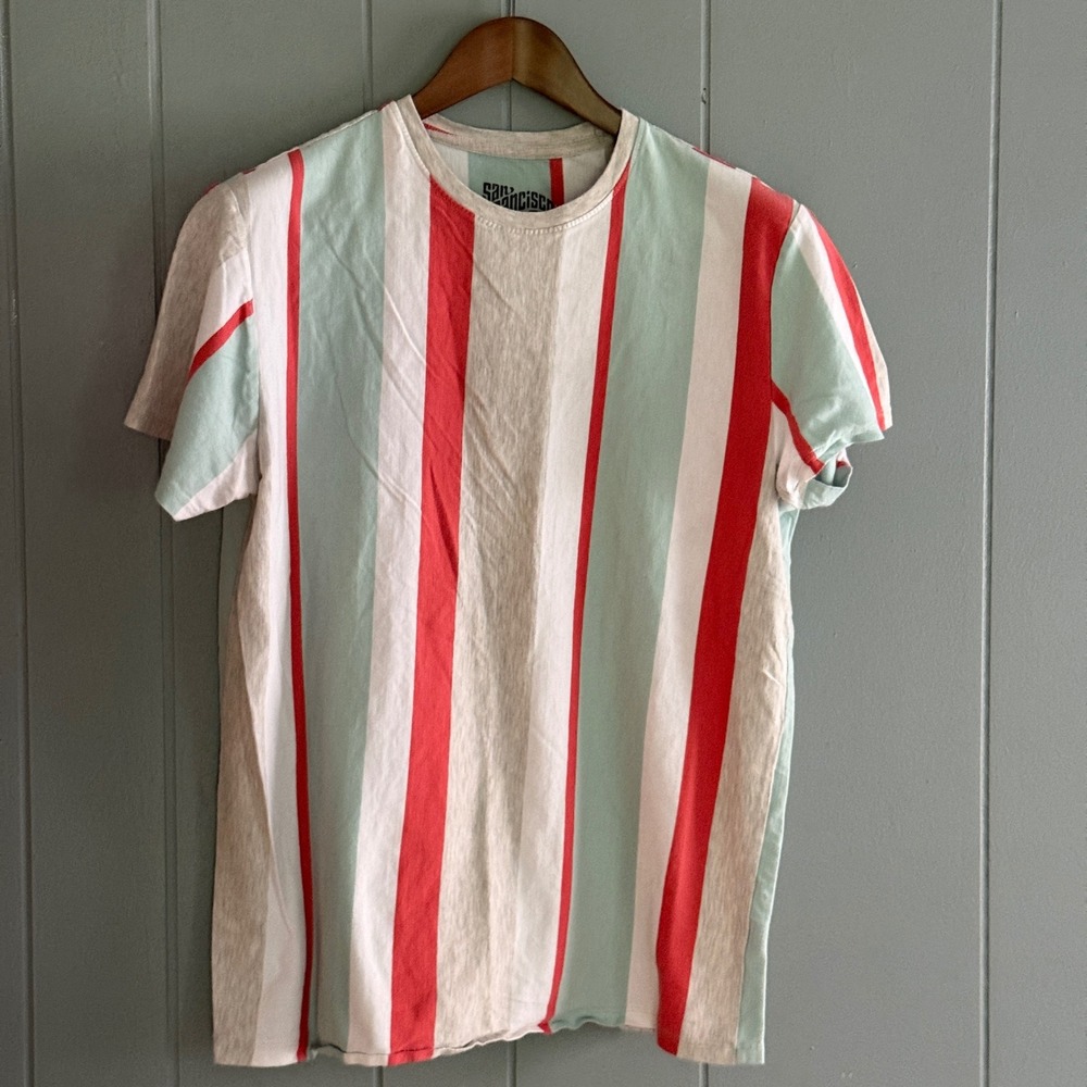 Vertical Stripe Tee Coral Mint White Men's L Retro Summer Surf Neo Nostalgia